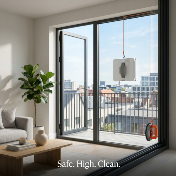 Cristall Clean Pro on a second-floor exterior window with safety tether
