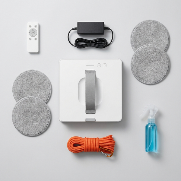What's in the box flat lay: robot, remote, pads, safety cord, adapter, solution